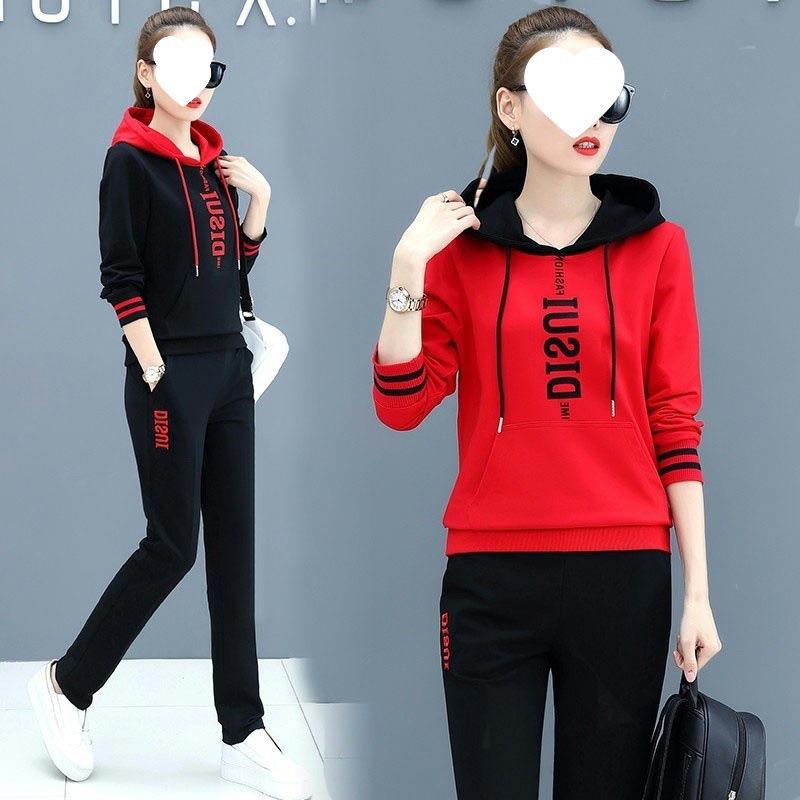 Women's Casual Red Hooded Sweatshirt & Running Pants Set - Spring/Autumn Versatile Two-Piece Outfit