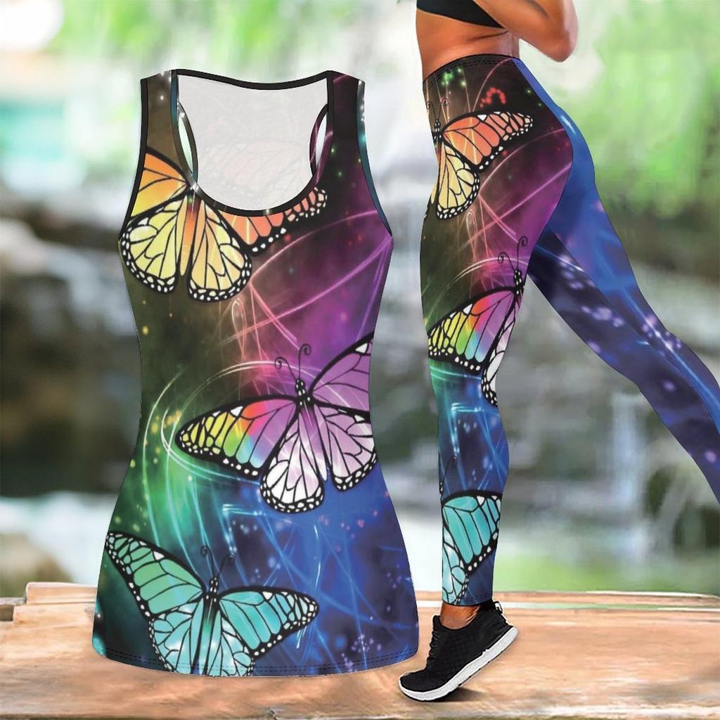 Completo Yoga con Stampa Farfalla per Donna Moda Leggings da Allenamento Fitness Sportivo Set Yoga Casual Tuta Sportiva