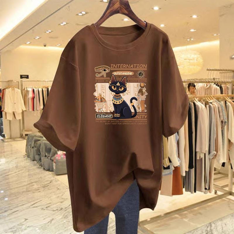 

Pure cotton kitten print loose top short-sleeved t-shirt women s summer new large size half-sleeve medium and long bottoming shirt ins XXXL