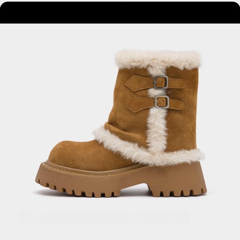 Thick-soled medium tube snow boots women's 2025 new winter fur integrated fleece Altay warm wool cotton shoes