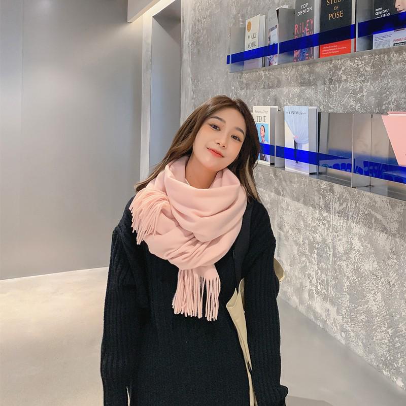 Dámská zahuštěná jednobarevná dlouhá šála - Počesaný imitovaný kašmír, nežmolkující šál s třásněmi na podzim a zimu