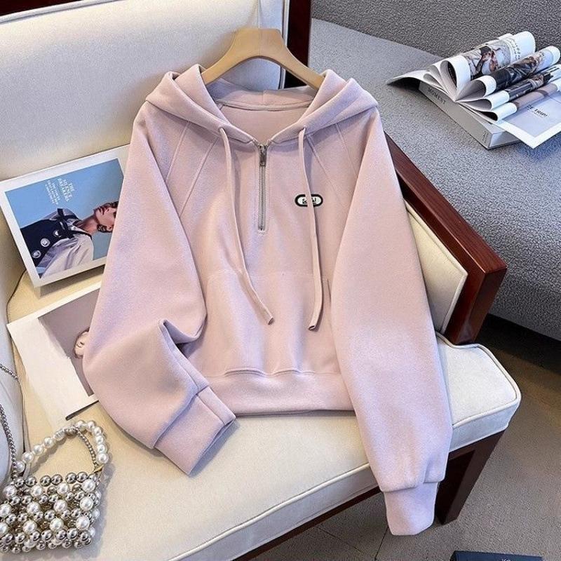 European Half-zip Hooded Embroidered Sweatshirt for Women Autumn and Winter Fashion Loose Casual Pocket Long-sleeved Top
