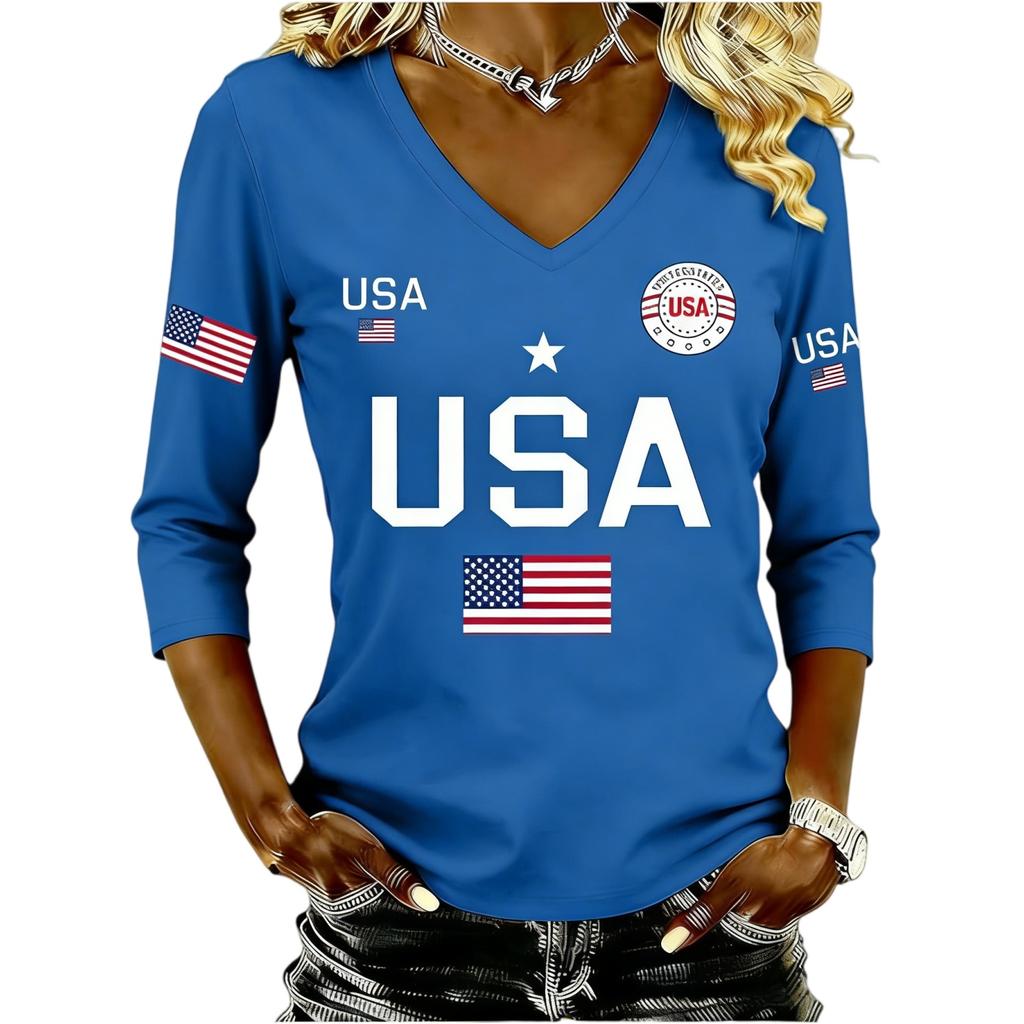 Women V Neck 3 4 Sleeve USA Letter Print Top Casual Loose Fit American Flag Graphic Pullover Shirt for Women