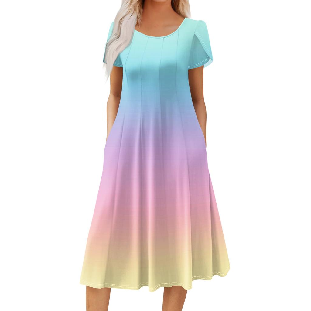 Women's Casual Fashion Round Neck Printed Short Sleeve Pocket Dress