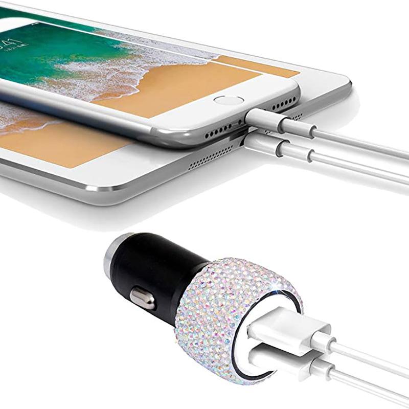 Diamond-mounted Car Phone Safety Hammer Charger Dual USB Fast-Charged Diamond Car Phone Aluminum Alloy Car Charger Cable