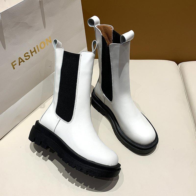 Women's thick-soled short boots, autumn new medium tube thin boots, round head elastic cigarette boots