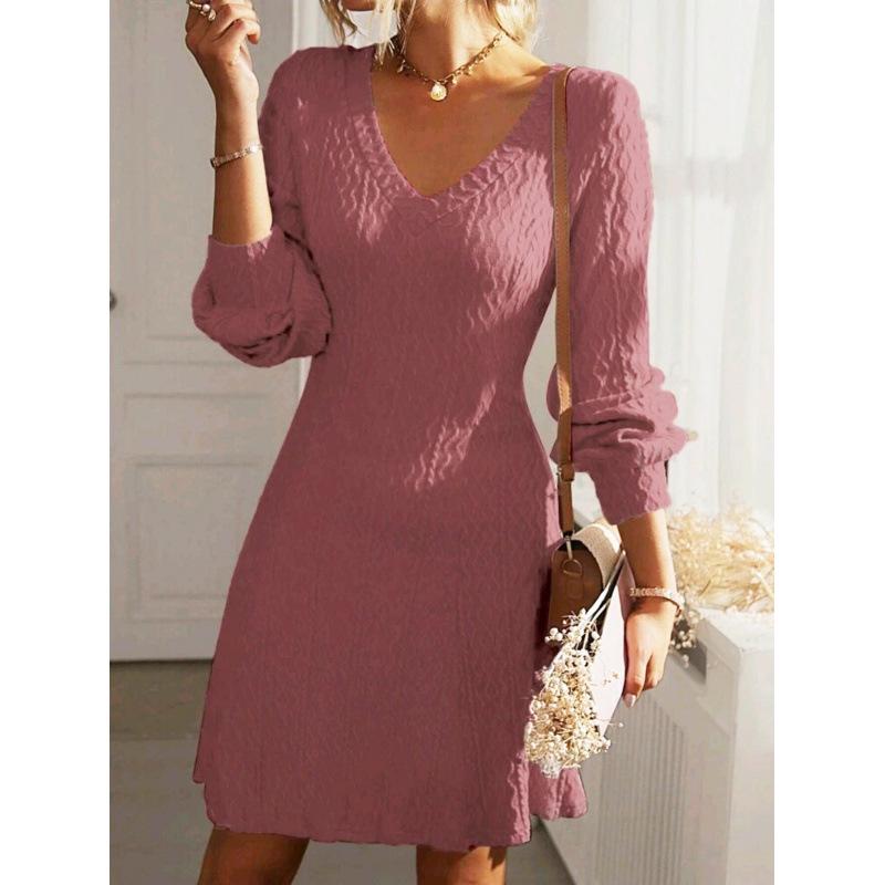 Elegant French V-neck A-line Textured Autumn Dress - Women's Long Sleeve Solid Color