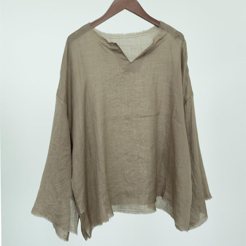 

Johnature женская летняя футболка с v-образным вырезом и длинными рукавами однотонные футболки Ramie высокого качества свободные женские винтажные футболки One Size зелёный/серый