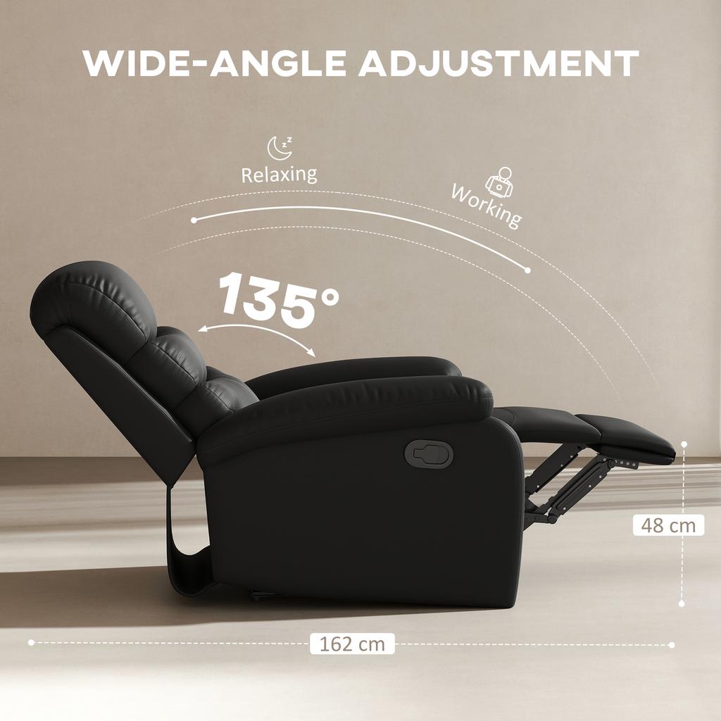 PU Leather Reclining Chair, Manual Recliner Chair with Padded Armrests, Retractable Footrest and Wood Frame, Black
