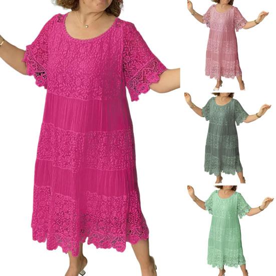 Summer Women Dress Hollow Out Lace Round Neck Pleated Solid Color Mid-calf