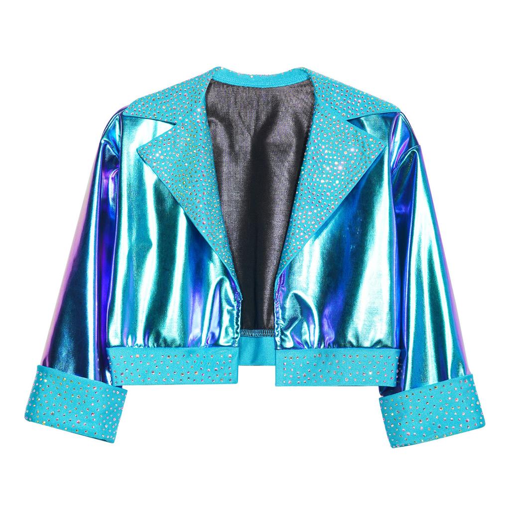 Kinder Bühnenauftritt Jacke Mädchen Jazz Dance Oberbekleidung Glänzende Strasssteine mit Reverskragen