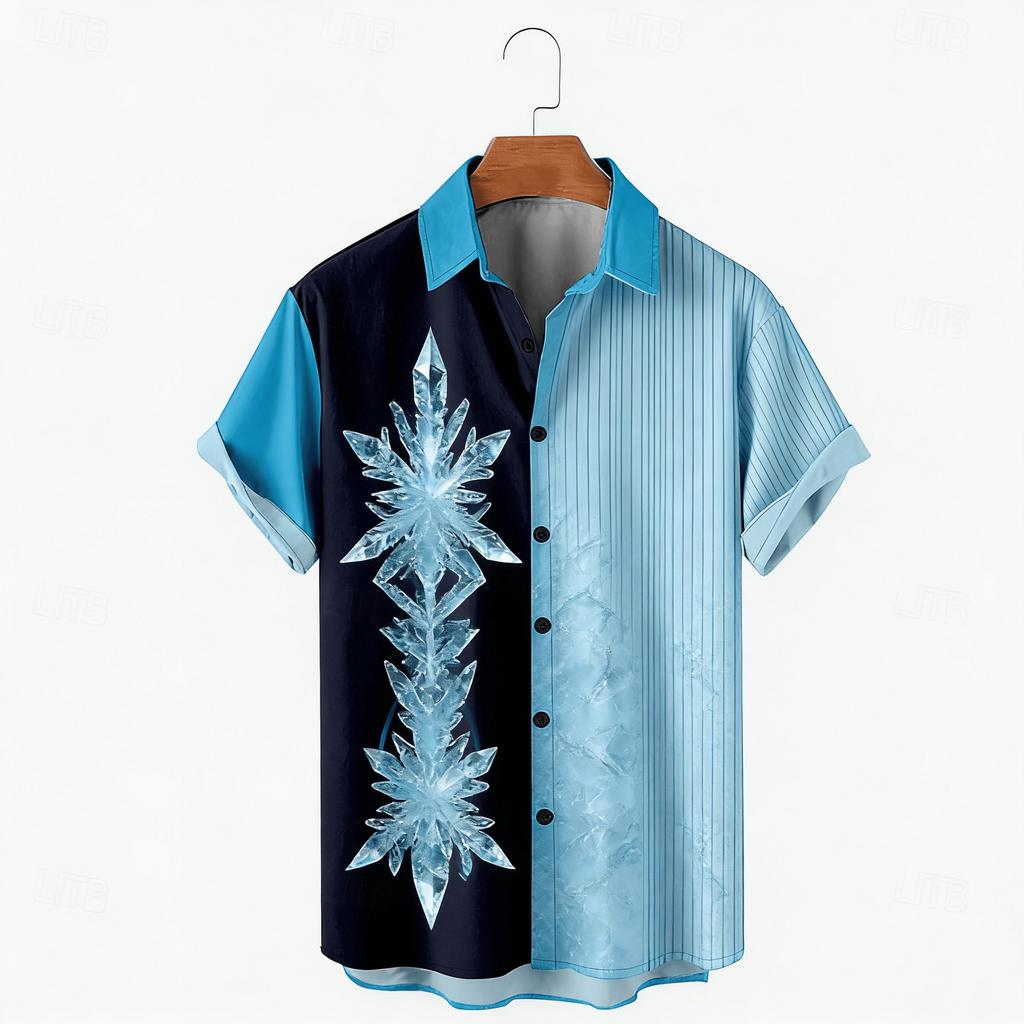 Retro Contrasting Vertical Stripe Shirt Gold Totem Short Sleeved Men's Loose Summer Daily Shirt
