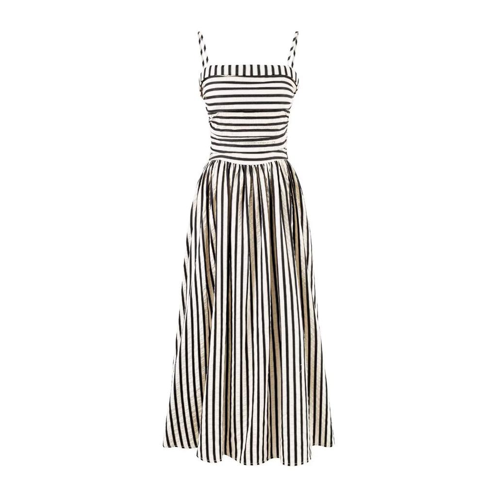French Tall Splicing Striped Suspender Skirt, High-end Pleated Waist and Thin Off-the-shoulder A-word Dress, Long Dress.