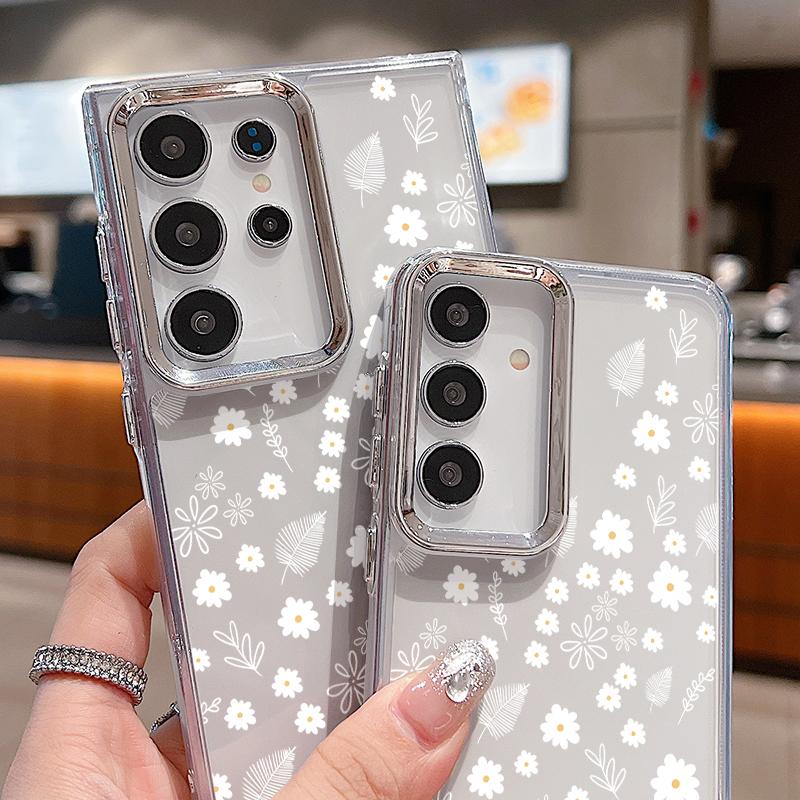 Luxury Flowers Print Case For Samsung S26 Ultra S25 FE S24 S23 Plus S22 S21 A15 A16 A17 A26 A35 A36 A37 A55 A56 A57 5G Plating Lens Clear Soft Cover