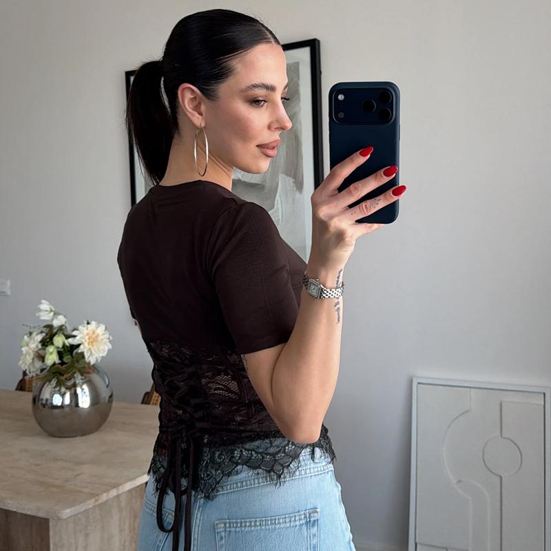 Black Lace Fish-bone Shirts For Women 2026 Spring Summer Chic Short Sleeve O-neck Blouse Lady Street Y2K Tops