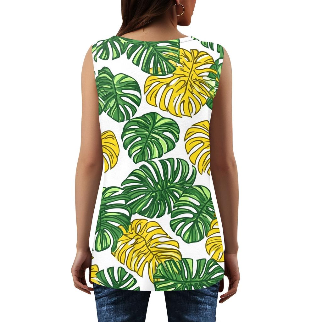 Women's Summer Casual Pleated Square Neck Sleeveless Tank Top Printed T-Shirt