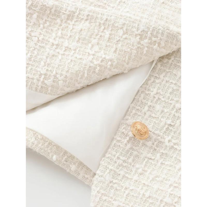 Women's Tweed Crop Jacket with Golden Buttons O Neck Long Sleeve Coat Female Outerwear