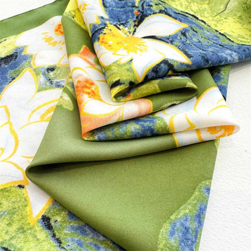 Fashion New Luxury Women Printed Scarf 90cm Lotus Large Square Scarves Twill Silk Headscarf HIjab Flower Foulard