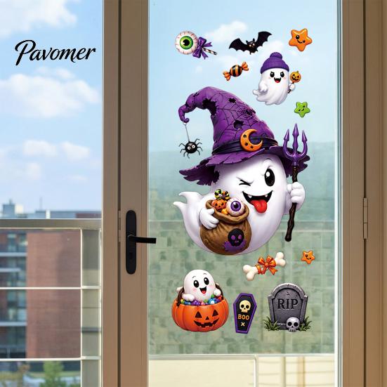 PVC Window Scenery Halloween Witch Hat Ghost Clings, Spiders Bat Pumpkin Spooky Clings Stickers for Home Holiday Party Store Glass Decoration