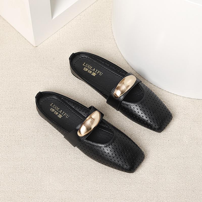 Fashion Spring New Flat Shoes 2025 Round Head Shallow Mouth Breathable Metal Buckle Soft Sole Non-slip Single Shoes Women's Hollow Mules