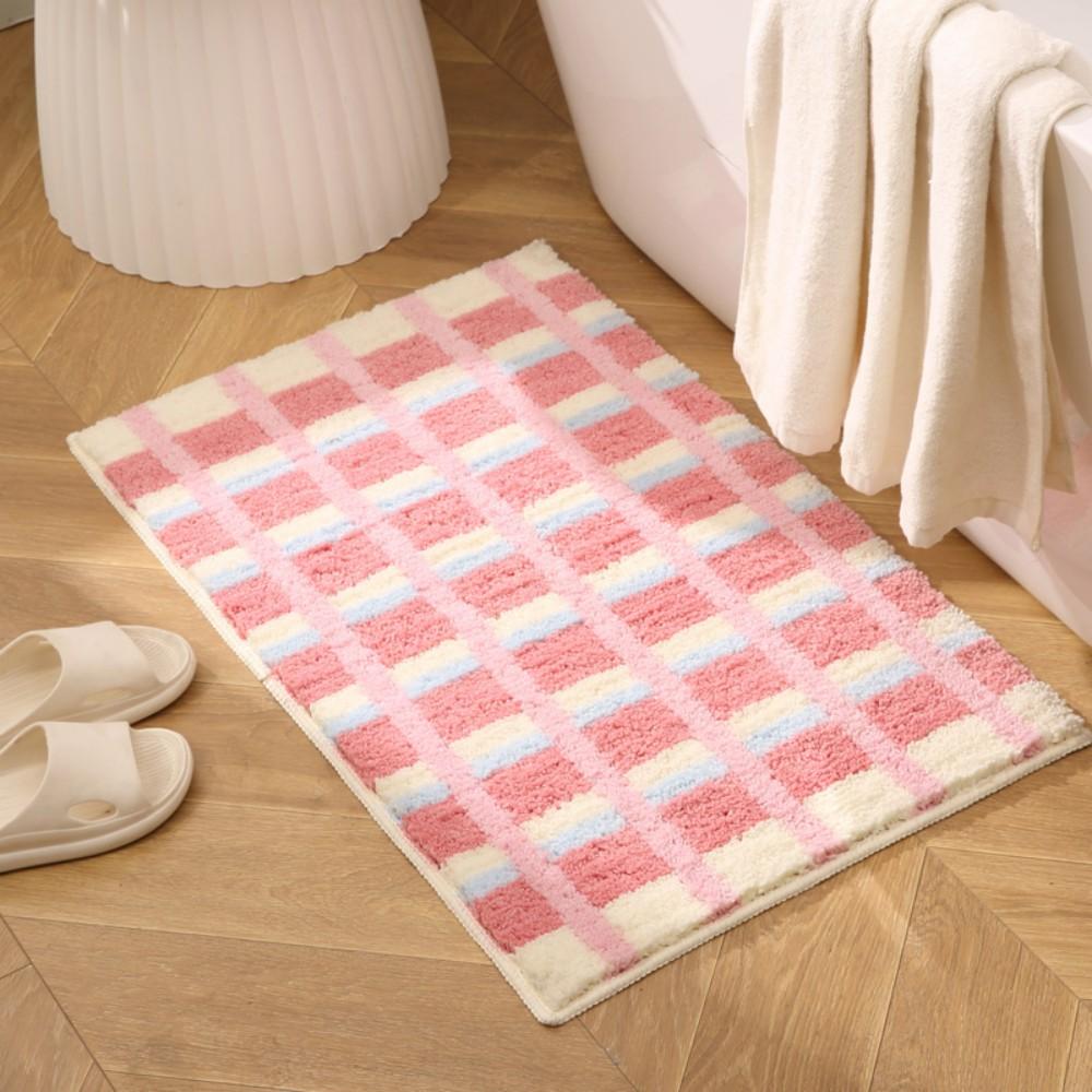 Pink And White Checkered Absorbent Anti Slip Carpet Bathroom Entrance Soft Plush Easy To Clean Ins Home Decor Rug