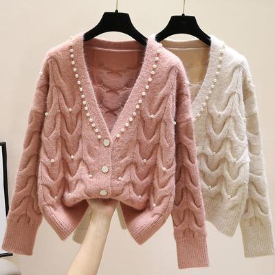 Spring and Autumn Knitted Cardigan Women's Sweater Loose Short Style Knitted Outer Wear Sweater Sweet Beaded V-neck Knitted Cardigan Women's