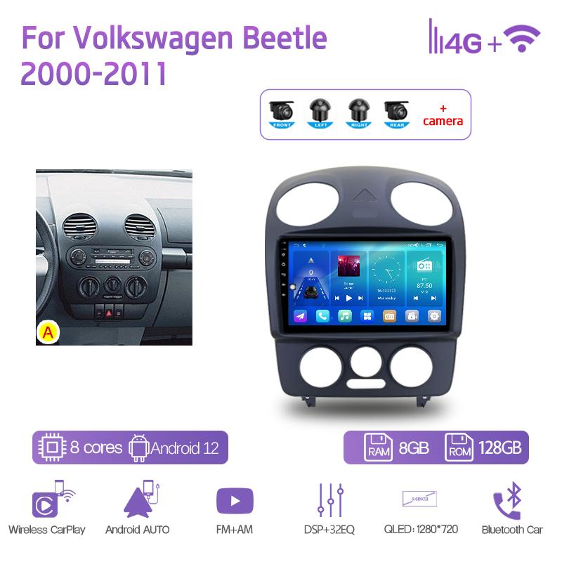 9.0Inch Car Multimedia Player For Volkswagen Beetle 2000-2011 GPS Navigation Radio Android12 8+128G 8Core CarPlay 4G 360Camera