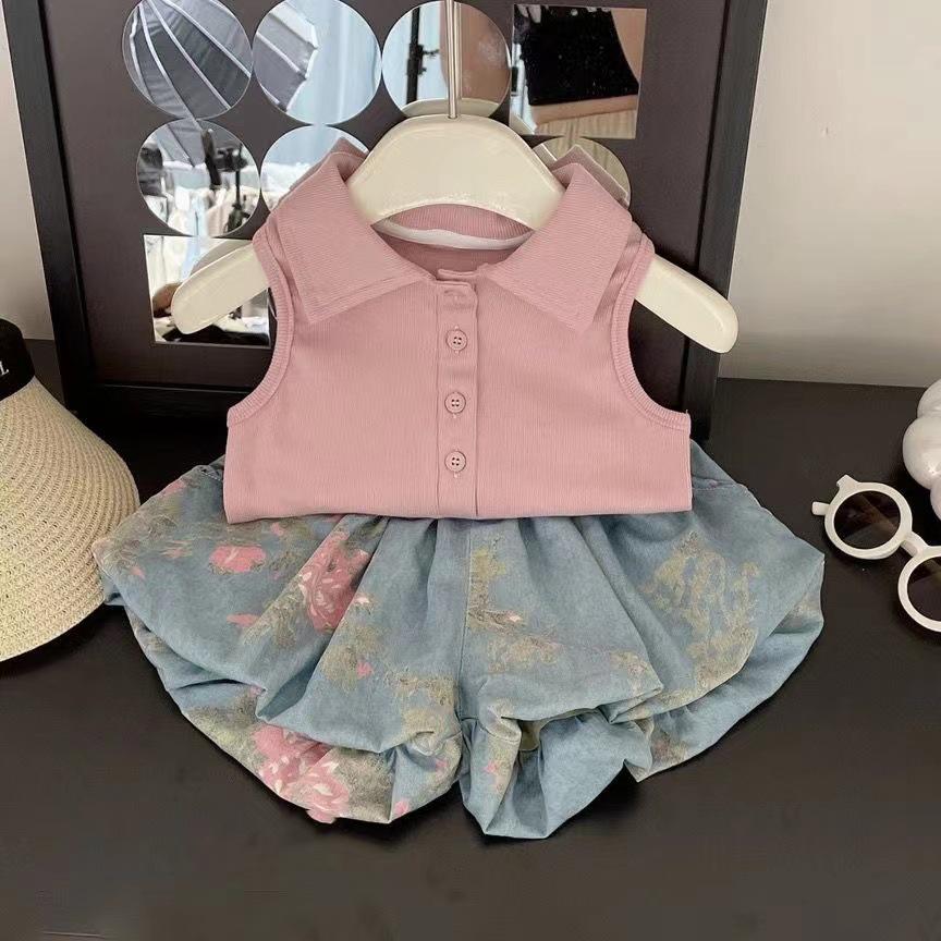 Girls' Summer Floral Denim Vest and Bloom Shorts Set