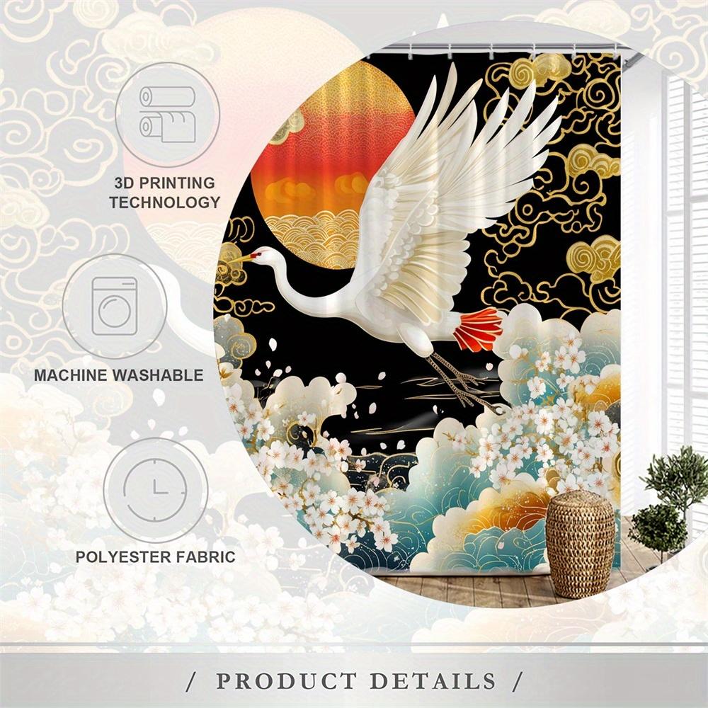 1Pc Japanese Art Inspired Polyester Shower Curtain, Vibrant Sunset Stylized Waves, Washable, 12 Hooks, 70*70 Inches