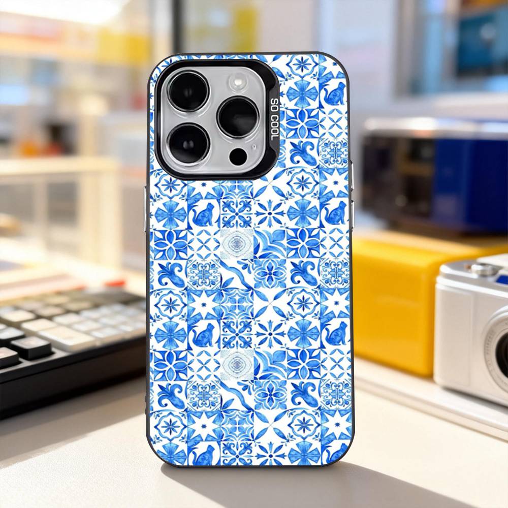 Blue White Porcelain Art Phone Case For iPhone 11,12,13,14,15,16,17,Pro,Max,Plus,E,Air,Mini IMD Matte Black