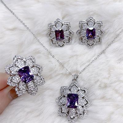 Cocktail Dinner Party Verlobungsschmucksets Voll Diamanten Lila Edelstein High-End Halskette Blumenohrringe Ringe