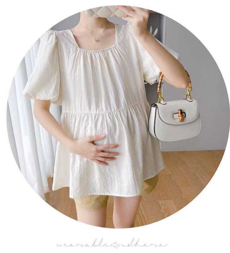2025 Korean Style Square Neck Maternity Puff Sleeve Babydoll Top