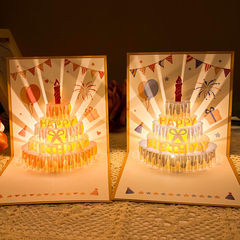 3D Stereoscopic Music Light Greeting Card: Foldable Cake & Blessing Message for Happy Birthday Gift