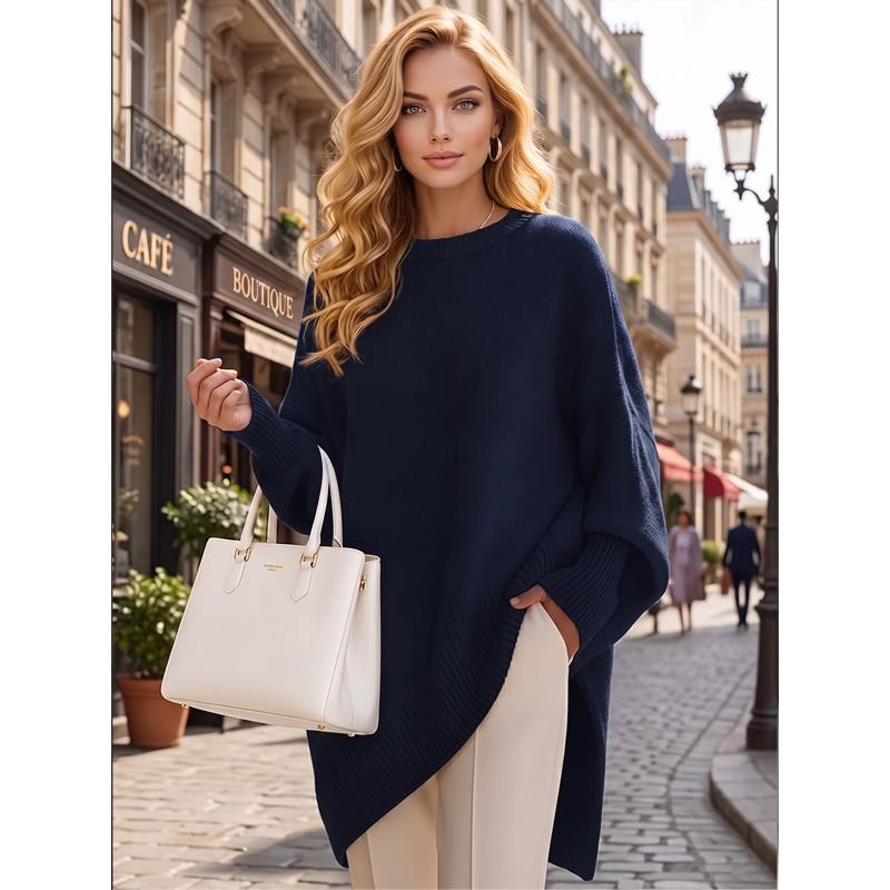 Womens Loose Fit Pullover Sweater Solid Color Long Sleeve Round Neck Knit Top Fall 2025