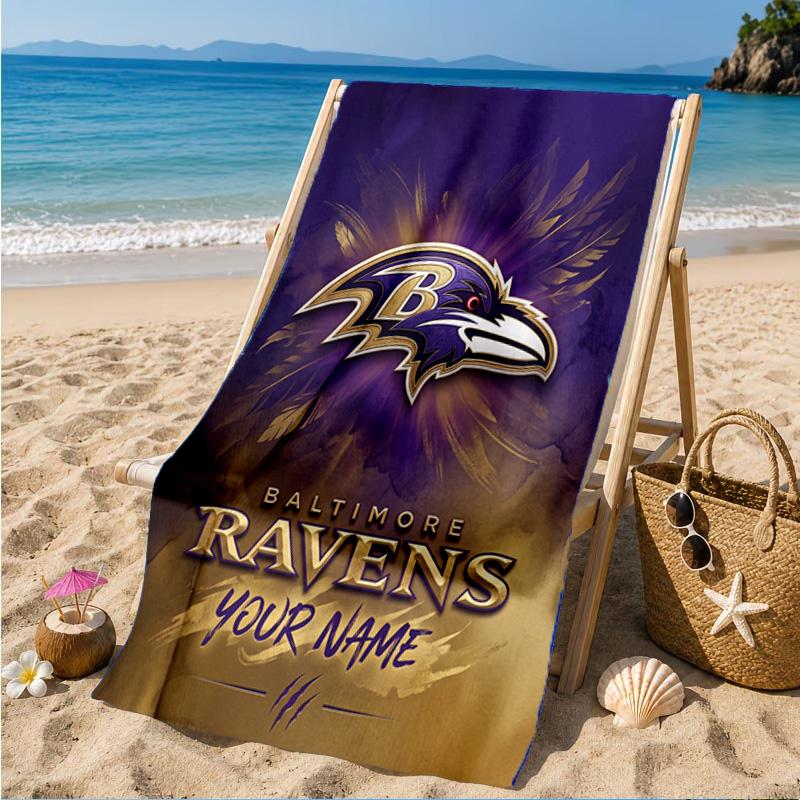 Custom Name football Ravens Logo Personalized Microfiber Beach Towel, Quick-Dry, Ideal for Summer Travel, Beach Essential, Swimming