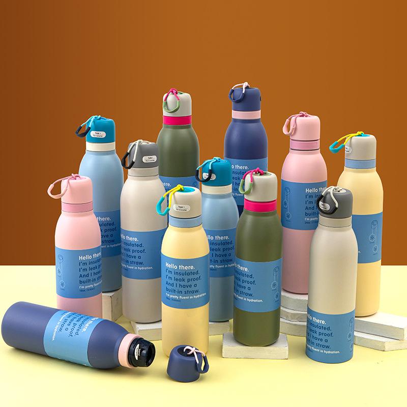 Customizable Logo BPA-Free Vacuum Flask Double Wall Stainless Steel Water Bottle Camping with Sip Straw & Handle