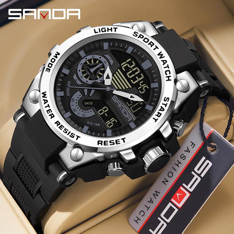 SANDA Luxury LED Dual Display Digital Quartz Watch for Men Shockproof Waterproof Sports Wristwatches Student Watch