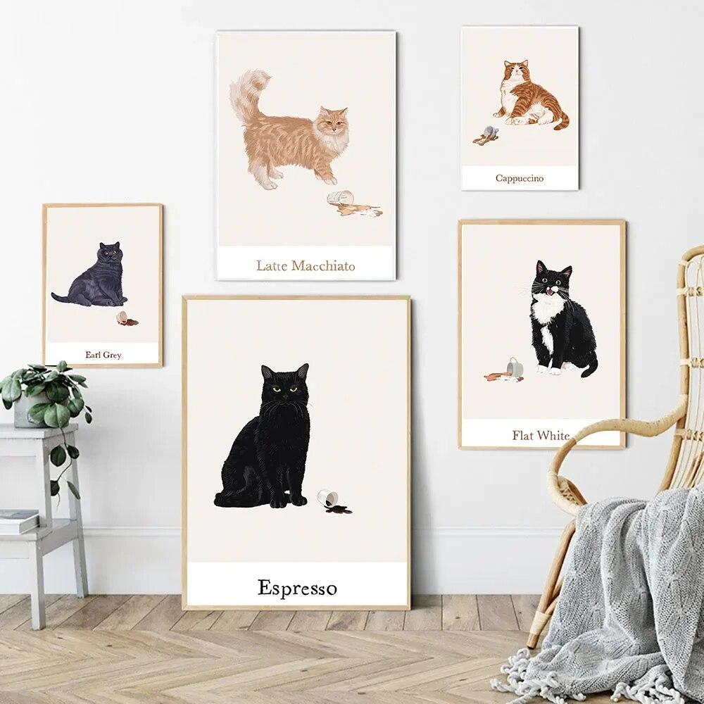 Divertente gatto nero che beve caffè Poster e stampa Moderna citazione Arte Vintage Tela Pittura Cucina Caffè Immagini da parete Decorazione per la casa