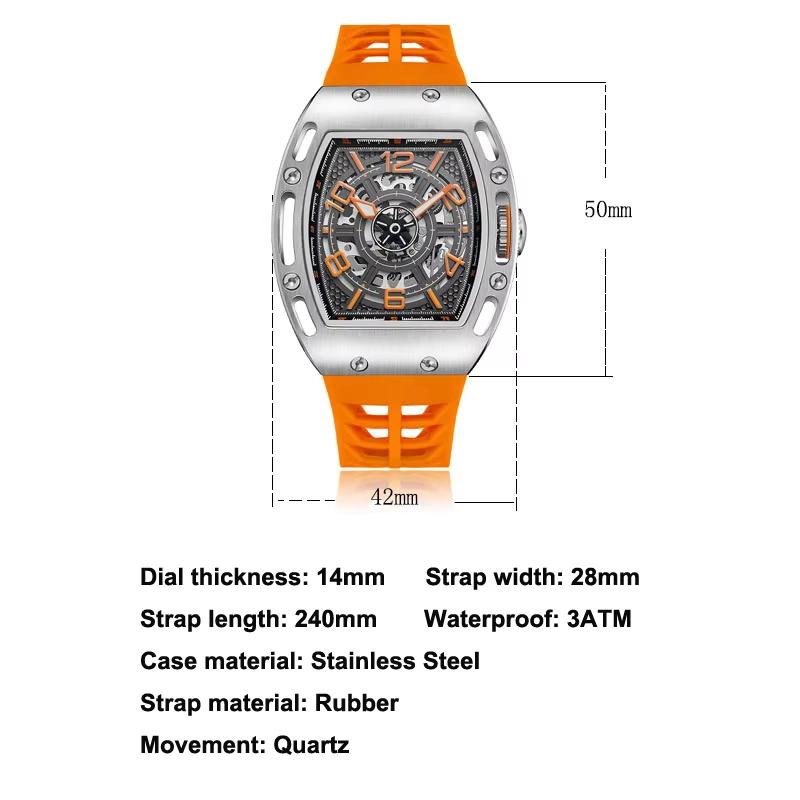 Luxury Fashion Men's Sports Wristwatch 20mm Stainless Steel Quartz Movement 50 Bar Water Resistant Luminous Hollow Design