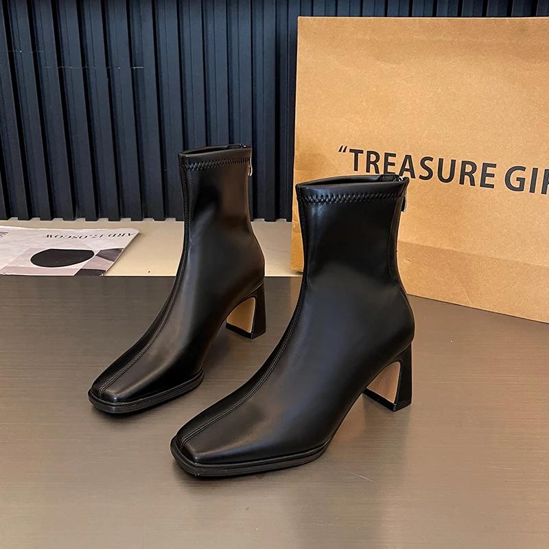 Autumn Winter Women Slimming Short Boots Fashion Back Zippers Square High Heel Shoes  New Women's Ankle Booties