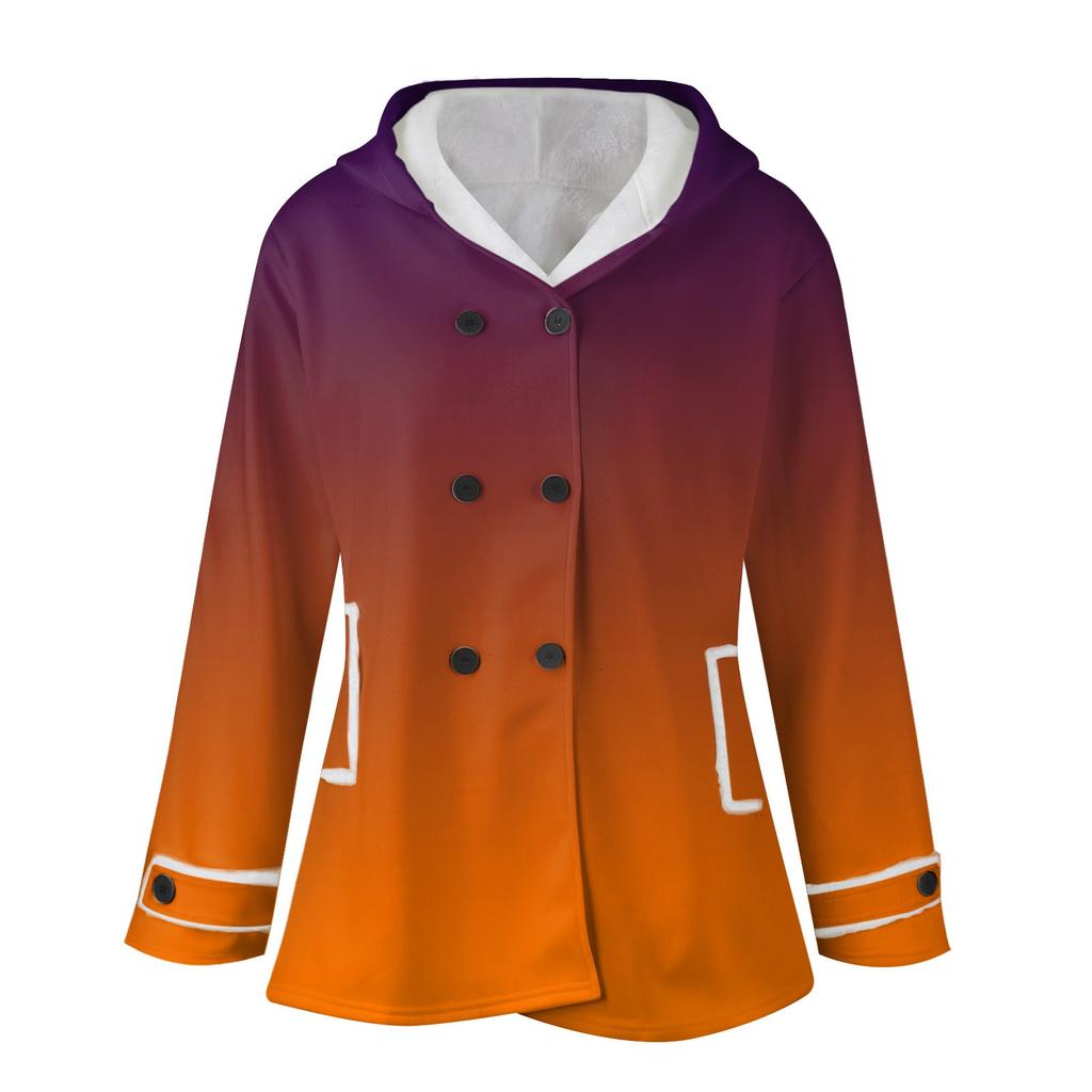 Women's Large Jacket With Warm And Plush Gradient Printed Hooded Button Jacket With Pockets