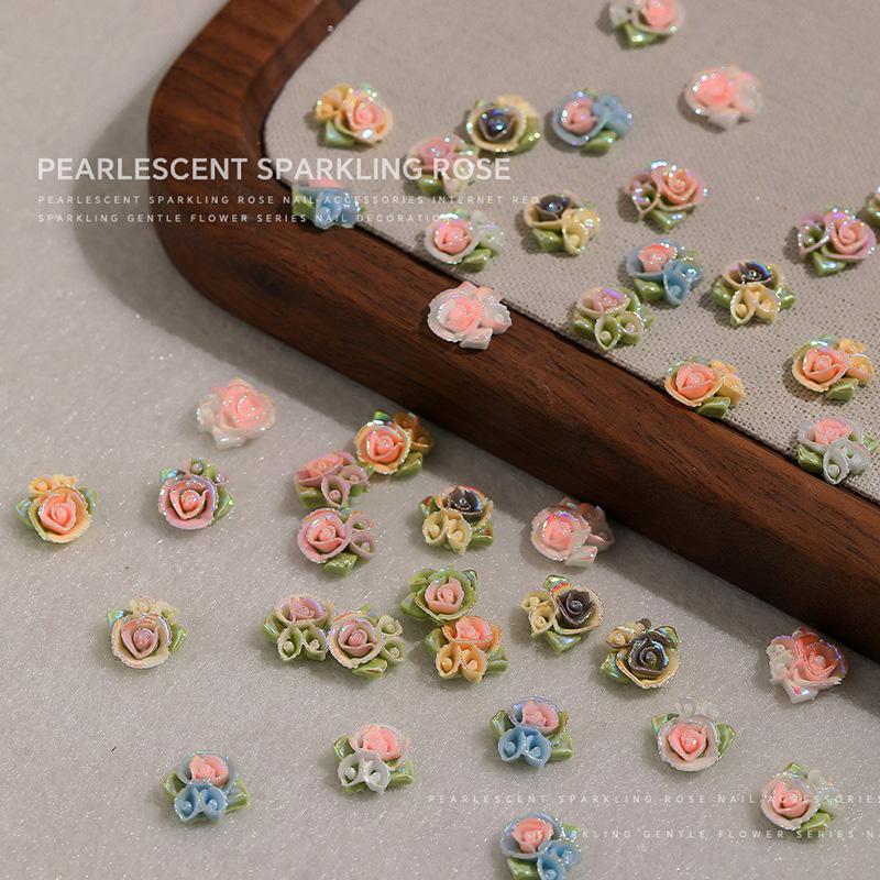 10 Pcs 3D Carved Rose Resin Colorful Rose Nail Charms Flower Accessories Material Nail Art Decorations Diy Manicure Salon Supply