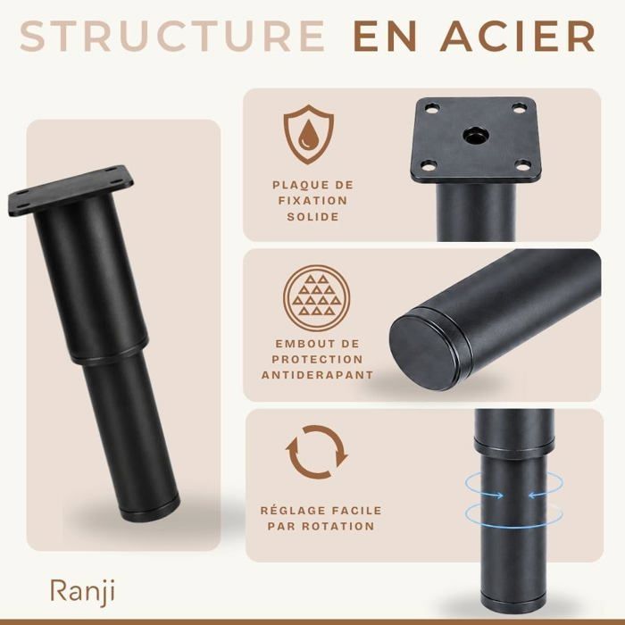 Piede per mobile regolabile - RANJI - 8–11,5 cm - Acciaio - Nero - Tappo antiscivolo