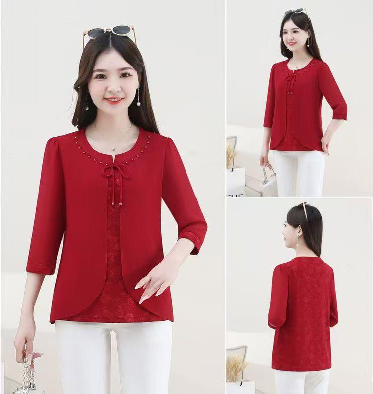 Autumn 3/4 Sleeve Top & T-Shirt Set for Middle-Aged Women