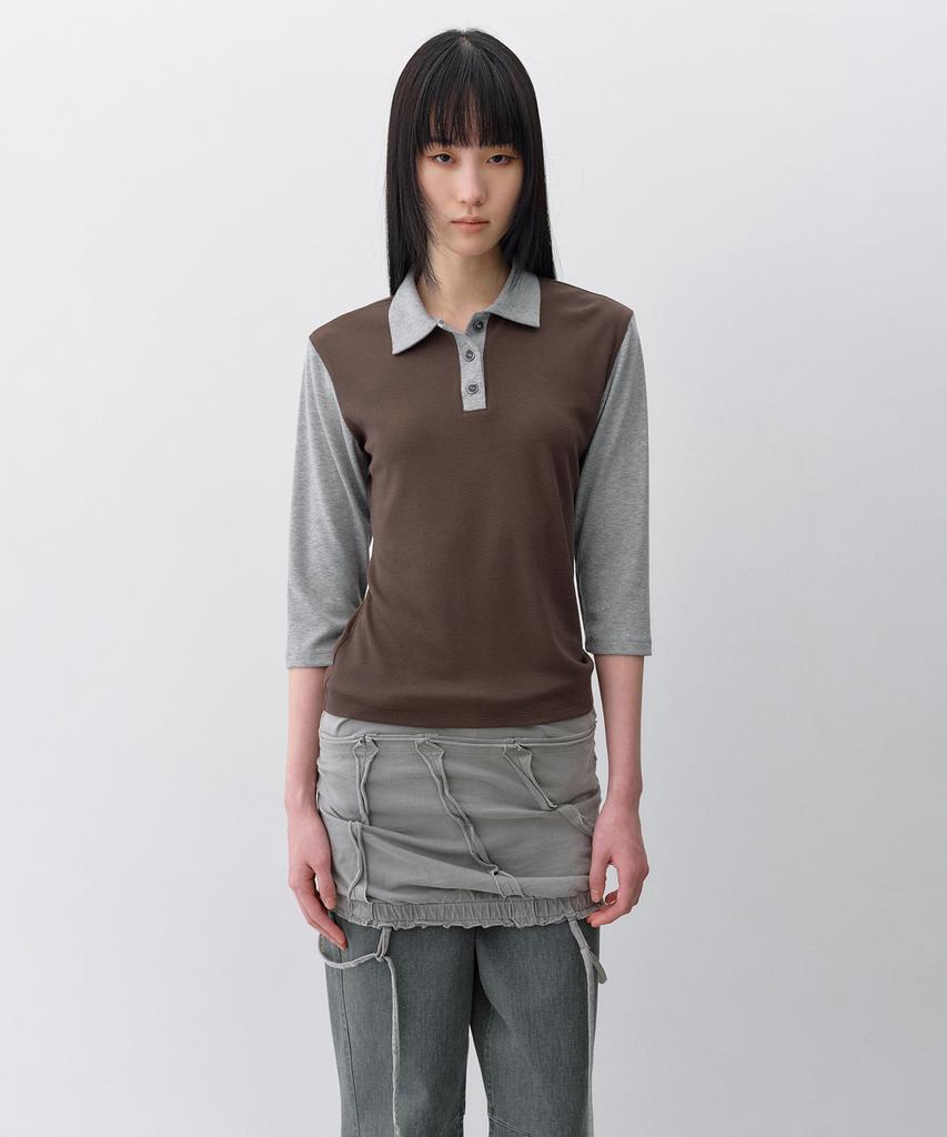 INSILENCE WOMEN Button Collar T-Shirt Brown