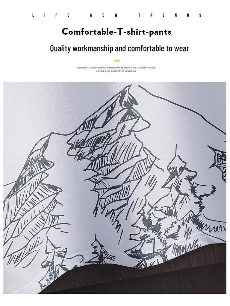 Men's Summer Snow Mountain Print Short-Sleeved T-shirt and Slim-Fit Shorts Two-Piece Set