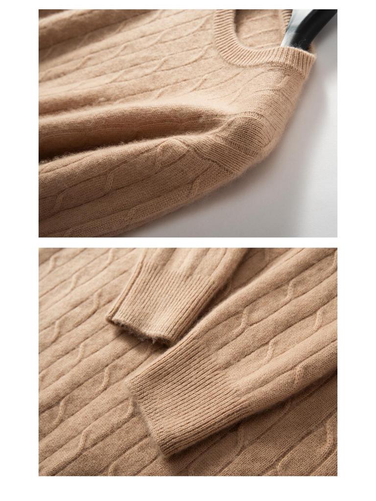 Men's Cashmere Crew Neck Sweater - Thick Cable Knit, Business Casual Loose Fit.