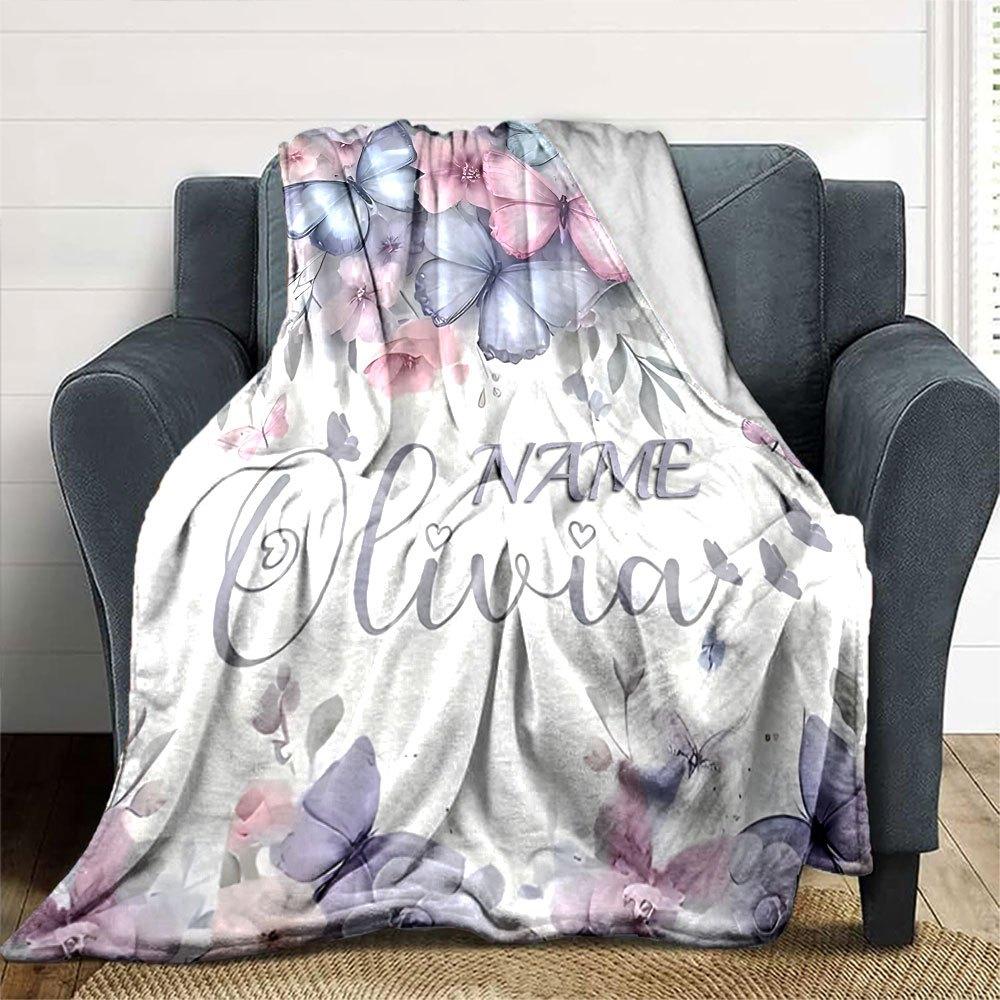 Butterflies And Flowers With The Olivia In Elegant Script Multipurpose Customizable Blanket Personalized Text Comfortable Texture Throw For Sofa Couch