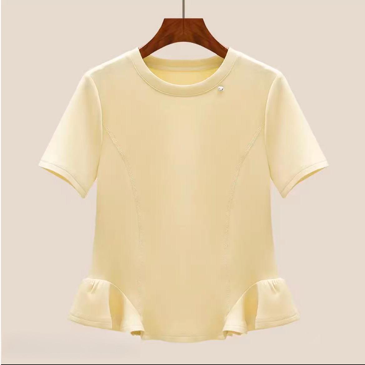 

1306 Summer Korean Ruffle Round Neck Short Sleeve T-shirt L (108-118 jin) жовтий