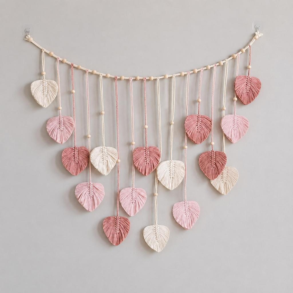 Cotton Rope Wall Hanging with Leaf Ornaments Handmade for Bedroom, Studio
